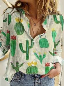 Women's Cotton Linen Blouse Long Sleeves Plus Size - Cactus blanco - Ver 1