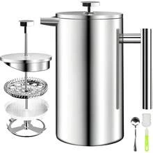 Prensa Francesa de Acero Inoxidable de 350ML,Cafetera Francesa Portatil con 2 Filtros,1 Cuchara y 1 Cepillo,French Press de Doble Pared,Cafetera y Tetera,Cafetera de Émbolo Hacer Café y Té Mejor - 1 - Ver 1