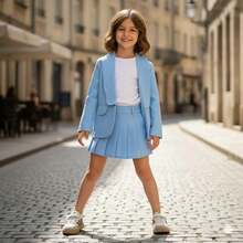 SET OF SHORT SKIRT, PLEATED COLLEGE PLEATS, TAILORED BLAZER FOR CHILDREN, STYLISH BLOGGER - Blue - View 2