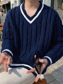 1pc V-Neck Sweater, Casual & Fashionable College Style For Teenage Boys, Autumn/Winter
