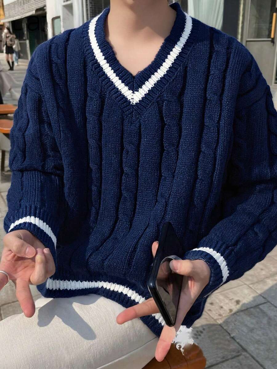 1pc V-Neck Sweater, Casual & Fashionable College Style For Teenage Boys, Autumn/Winter - Navy Blue - View 1