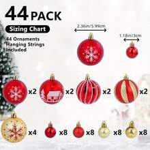 44 Stücke Weihnachtskugeln Rot und Golden Ornament Set, Kunststoff Anhänger Ornamente, exquisite Weihnachtsbaum Dekoration, Festliche Hochzeit Party Dekoration, Weihnachtsurlaub Hängende Methode Anhänger Dekorationen, Szenen Dekorationen, Wandbehänge für den Raum, Heim Dekorationen, Fenster Dekorationen mit 12 Stücke 6cm große und 32 Stücke 3cm Rot & Gold 2 Größen Weihnachtsbaum Kugeln - Verschiedenfarbig - Übersicht 12
