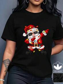 Camiseta casual de mujer, 100% algodón, con estampado gráfico de temática navideña, camiseta de manga corta con cuello redondo casual y cómoda, ropa de primavera y verano, adecuada para cualquier ocasión, color sólido, casual, uso diario. - Negro - Ver 1
