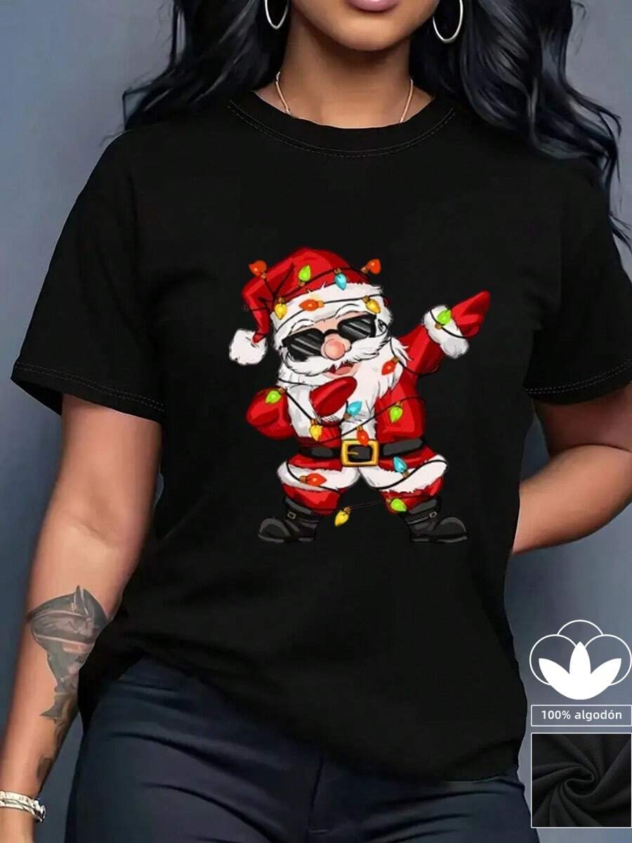 Camiseta casual de mujer, 100% algodón, con estampado gráfico de temática navideña, camiseta de manga corta con cuello redondo casual y cómoda, ropa de primavera y verano, adecuada para cualquier ocasión, color sólido, casual, uso diario. - Negro - Ver 1