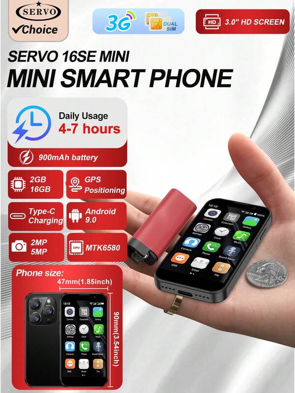 SERVO 16SE Mini Smartphone, Android 9.0, WCDMA Dual SIM, Rede Celular 3G, Tela HD de 3,0", 2 GB de RAM + 16 GB de ROM, Smartphone Ultracompacto