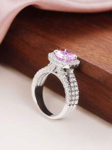 1pc Women's Ring Inlaid With Cubic Zirconia, Suitable For Wedding Anniversary, Party, Valentine's Day And Other Occasions - Pink - View 9