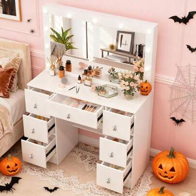 [Halloween Decorations]11 LED Lighted Vanity Table Dressing Table Set With Large Drawers Makeup Mirror-Touch Control Mirror, Ideal For Organizing Makeup, Skincare. Compact Vanity Furniture Fits Bedroom, Serves As Decor, Gift, Perfect Gift For Women