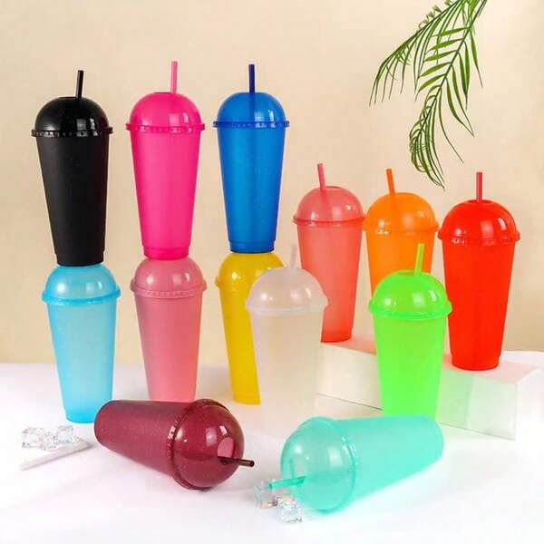 Modische Strohhalm-Becher mit gewölbtem Deckel, Glitzer-Smoothie-Becher, Kalt-Getränke- und Catering-Trinkbecher