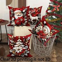 4 sztuki poszewek na poduszki z miękkiego poliestru z motywem Świętego Mikołaja, renifera, bałwana, choinki i kwiatów, 45 x 45 cm (17,72 x 17,72 cala), zapinane na zamek, nadające się do prania w pralce, odpowiednie do wystroju domu, salonu, sypialni, werandy, ogrodu, na zewnątrz, jako dekoracja na zimowe święta (same poszewki na poduszki – wkładka nie jest dołączona)