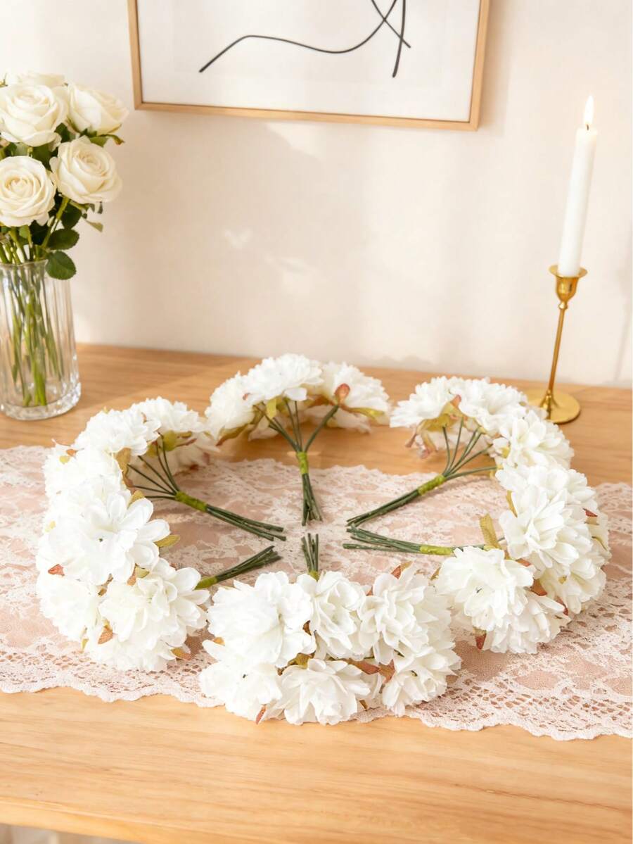 1/200入 (6朵裝) 人造康乃馨花束,適用於DIY花環、糖果盒、春季居家裝飾、婚禮裝飾、新娘腕花、胸花、頭飾,新年裝飾與生日派對理想禮物 - 乳白色 - 查看 1