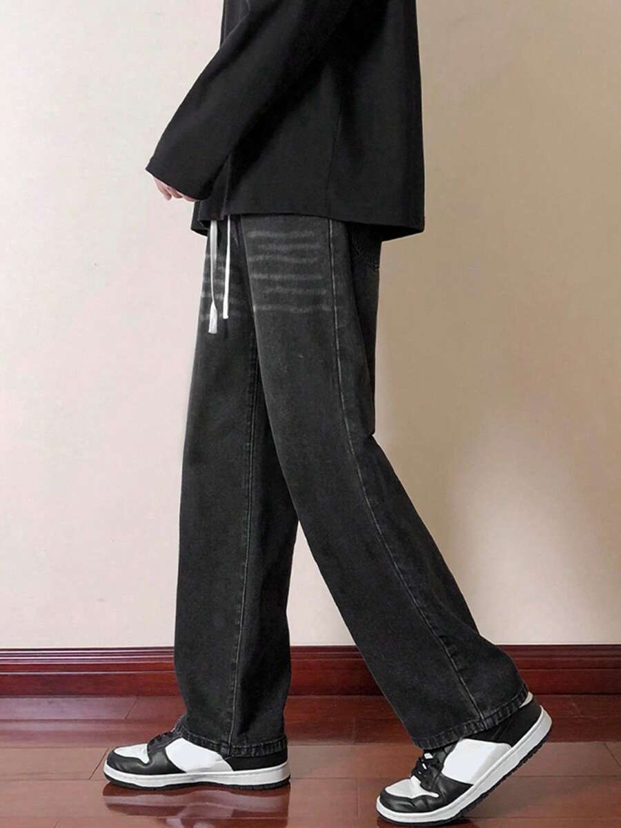 Women's Casual Straight Leg High Waist Loose Wide Leg Jeans - Black - View 1