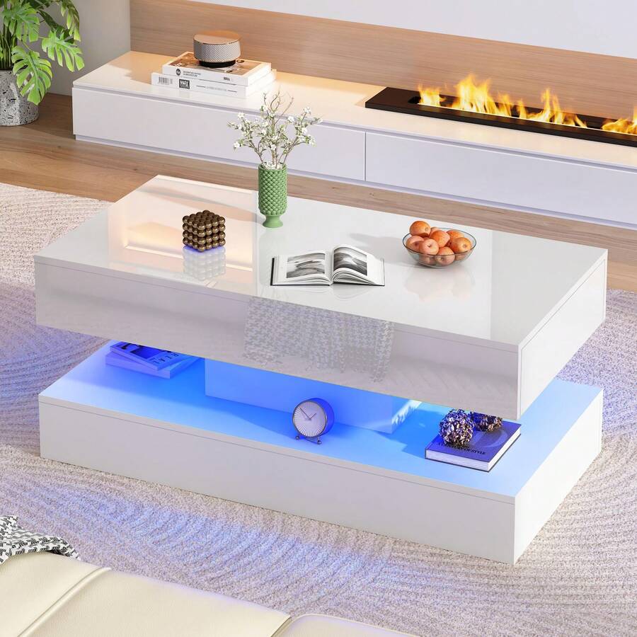 39/47inch Large High Glossy LED Coffee Table With 2 Storage Drawers,White Modern Coffee Tables For Living Room,Living Room Tables W/ USB Powered LED Lights - Solid White - View 1