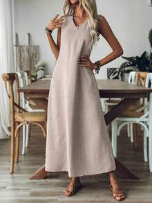 Simple Long Sleeveless V-Neck Dress With Vest, Retro Summer Sleeveless Loose Dresses - Baby Pink - View 4