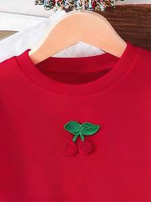 少女樱桃图案刺绣贴片保暖圆领短袖上衣和樱桃刺绣牛仔裤 - 紅色 - 查看 3