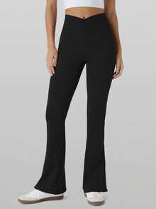 Flare Leggings, Crossover Yoga Pants With Tummy Control, High-Waisted And Wide Leg,Women's High Waist Solid Color Flared Pants Sports Yoga Pants Compression Leggings Running Fitness Pants, Women's Clothing, Women's Leggings, Women's  TrousersIt Is Suitable For Outdoor Sports, Indoor Yoga And Street Shopping - 黑色 - 查看 3