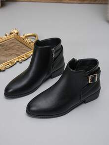 Plus Size Women's Motorcycle Boots, New Autumn/Winter Fashion Black Side Zipper Chunky Heel Ankle Boots, Comfortable Versatile Casual Outdoor Riding Boots - Black - View 8