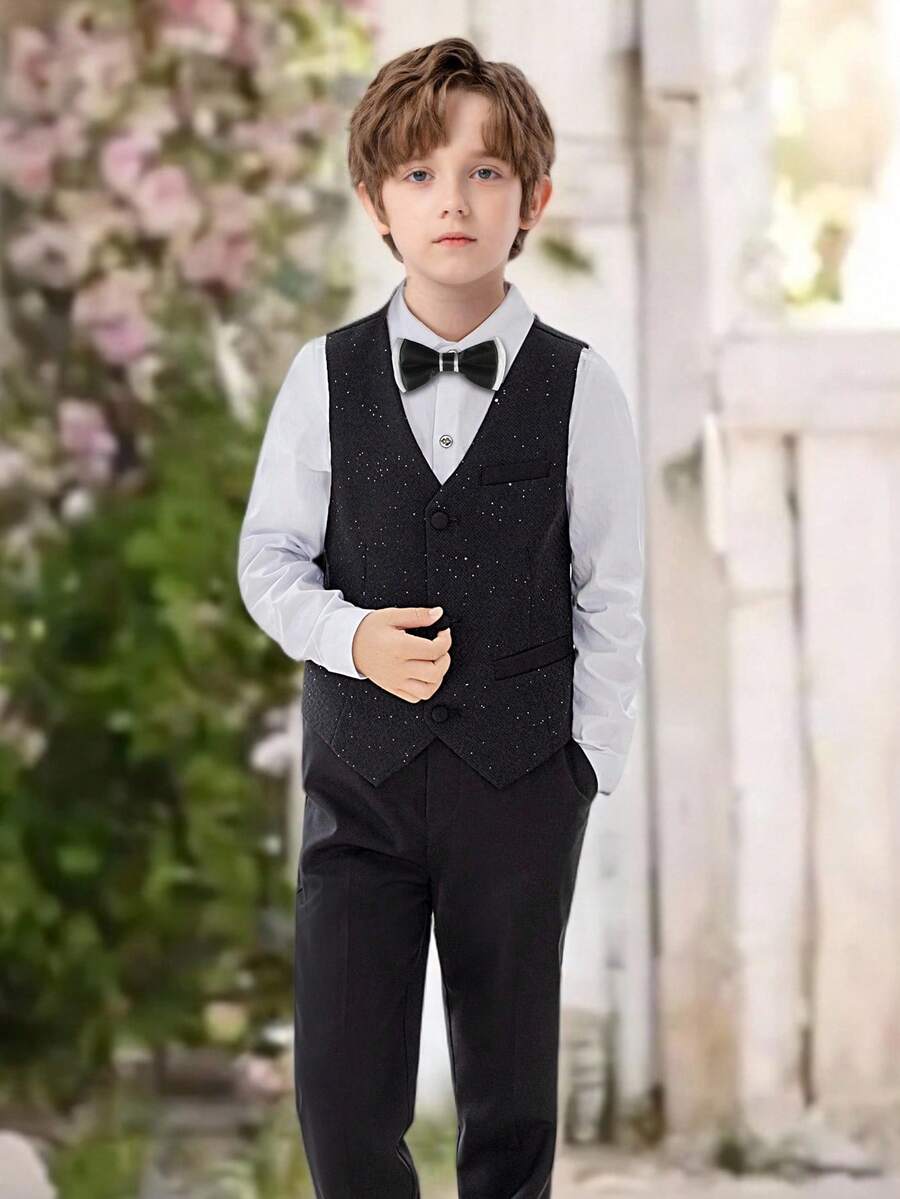 3pcs Boys Formal Suit Set: Vest + Matching Pants + Bow Tie, Children Dress Outfit - Black - View 1