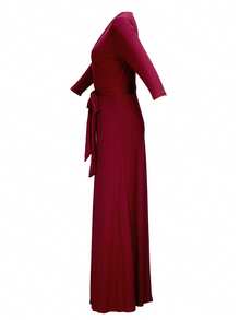 Spring & Summer Women's V-Neck, Waist-Cinching, Extra-Long Dress Elegant - Burgundy - View 5