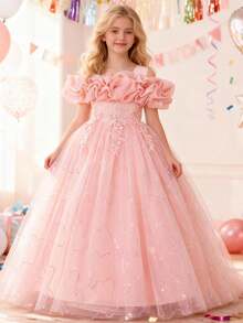 少女褶皱露肩粉色派对礼服，花卉刺绣生日宴会少女服装，优雅婚礼毕业舞会礼服 - 粉色 - 查看 6