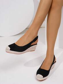 Women's Solid Color Slingback Casual Retro Wedge Platform Slingback Shoes - Black - View 16
