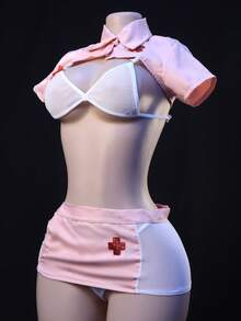 Sweetheart Nurse Lingerie Set - Adjustable Tie Babydoll & Backless Mini Skirt | Easy Access Playsuit - 粉色 - 查看 3