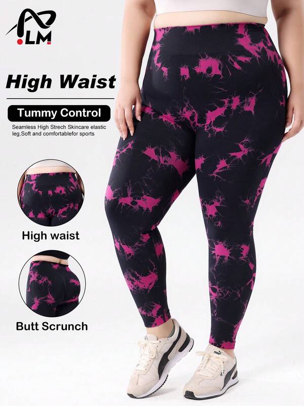 Leggings de yoga à taille haute sans couture tie-dye pour grandes tailles, pantalon de sport élastique convenant pour la course, le yoga et le fitness, mélange de nylon à haute élasticité, vêtements de sport d'extérieur Style sport, tissu lisse, pantalon de yoga