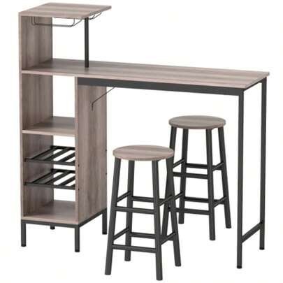 Homcom 3-Piece Bar Table Set With Storage, Wine Rack, Glass Shelf, Footrest With Ottoman, Ideal For Small Spaces, Grey
