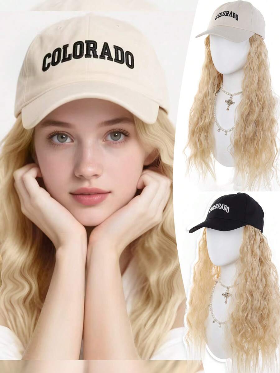 Hat Wig Embroidered Sunshade Cap With Light Blonde Water Ripple 22 Inch Curly Wig Synthetic Heat-Resistant Fiber Wig Suitable For Women's Daily Holiday Wear - Multicolor - View 1