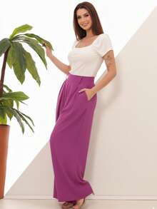 Women's Wide Leg High Waist Wide Leg Pants - Rose Red - View 3