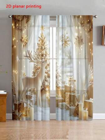 2 st/set 2D-tryckta moderna julgranar, jultomten, snöflinga dekorativa halvmörkläggande skira gardiner för vardagsrum, sovrum