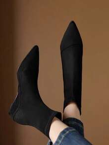 秋冬女装裸色绒面革尖头细跟后拉链踝靴 - 黑色 - 查看 2