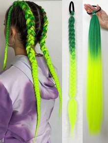 1pc 28inch(Approx. 70cm) Ombre Green Braided Hair Extension, Festival Party Color Braiding Hair Extensions For Elastic Wrap Topknot, Natural Soft Woven Ombre Braid Hair Extension For Women (Green/Luminous Yellow)