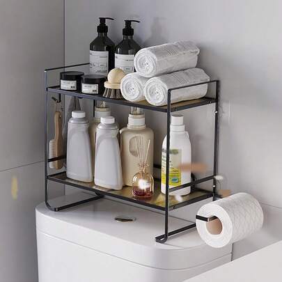 Over Toilet Storage Unit Bathroom Shelf Organizer Stand, 2 Tiers Standing Shower Caddy No Drill, Bathroom Shower Shelf, Shower Basket With Toilet Roll Holder, Metal Over Toilet Rack Shelves