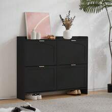 Modern Shoe Cabinet With 4 Flap Compartments, Freestanding Shoe Rack, Open Shelves, Suitable For Entrance Area Or Hallway, White, Dimensions: W110/H90/D24 Cm - Black - View 3