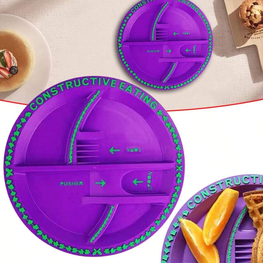 NetHong Dish Shovel Fork Spoon Set Cutlery Constructive Eating Tableware Utensil UK - Purple-plate - View 1