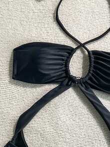 1 件纯色性感可爱优雅波西米亚休闲针织镂空交叉系带连体泳衣，海滩度假，春夏和秋冬 - 黑色 - 查看 5