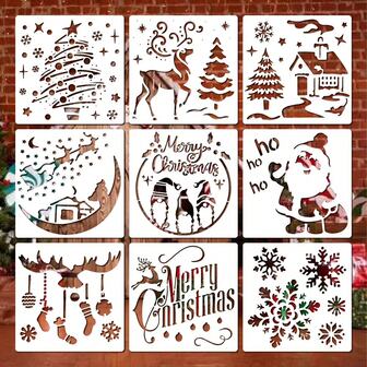 9Pcs Christmas Stencils For Crafts Reusable, 5.9" Christmas Tree Deer Reusable Xmas Stencil Stuff, Plastic Merry Christmas Templates For Painting On Wall Sign, Window, Gift Cards, Canvas ,Fabric, Home Decor And Art Supplies