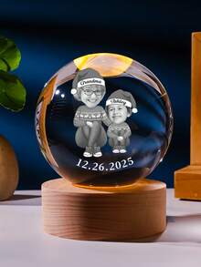 1pc Personalized Christmas Family Photo Crystal Ball Night Light - Customizable Multi-Photo & Text Engraving With 3D Holographic Effect, Multi-Color LED Base Creating Warm Holiday Glow.