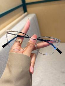 1副休闲不锈钢女士猫眼时尚百搭透明镜片眼镜，四季皆宜 - 無色 - 查看 16