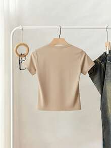 Playeras juveniles modernas con detalle estampado de corazón de perlas, cómodas y versátiles - Beis - Ver 2