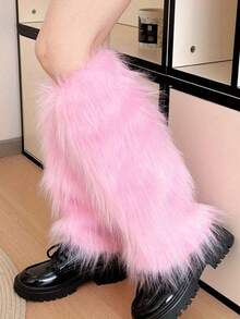 1 Pair Colorful Fuzzy Leg Warmers, Y2K Punk Bone Element, Panda Solid Color Warm Over-The-Knee Leg Warmers - Multicolor - View 6