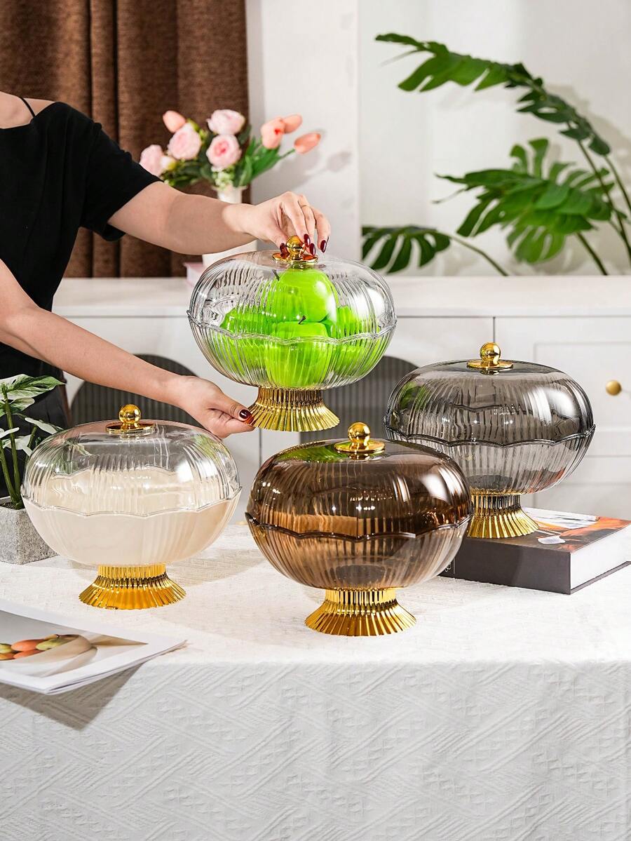 1pc Plastic PET Material Drainage High Foot Tray With Dust Cover, Unbreakable And Reusable Fruit/Dessert/Snack/Cake Serving Tray, Suitable For Various Festivals, Weddings, Parties And Events - Flower Type-golden High Feet - View 1