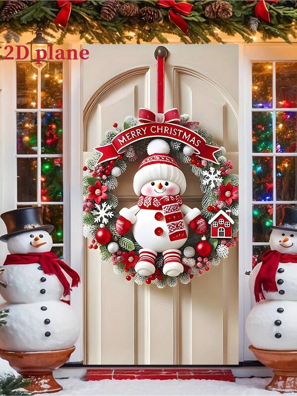 1 pieza, Corona navideña de poliéster con muñeco de nieve, 35.43 X 70.86 pulgadas, cubierta de puerta de Feliz Navidad, decoración de muñeco de nieve de felpa rojo y blanco, multiusos para el hogar, jardín, patio, decoración de fiesta al aire libre, sin necesidad de alimentación eléctrica