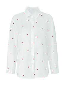 大码女式休闲时尚通勤日常街头装长袖 Polo 领红色心形纽扣设计衬衫 - 紅白色 - 查看 6