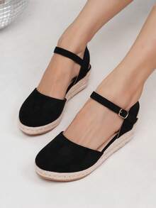 女士时尚休闲度假编织坡跟厚底一脚蹬鞋 - 黑色 - 查看 6