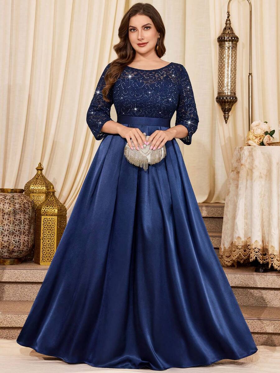 亮片花卉蕾丝撞色缎面褶裥下摆晚宴长裙，优雅正式舞会婚礼宾客礼服，适合毕业典礼、晚宴、生日等春季场合。 - 藏蓝色 - 查看 1