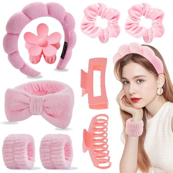 6-9 قطعة مجموعة سبا - شريط رأس وردي من الإسفنج مع كعكة مخملية، ربطة شعر، شريط رأس، مشبك شعر وشريط معصم - مقاس واحد يناسب الجميع مجموعة اكسسوارات العناية بالجمال والبشرة لمستحضرات التجميل والعناية بالبشرة وغسل الوجه