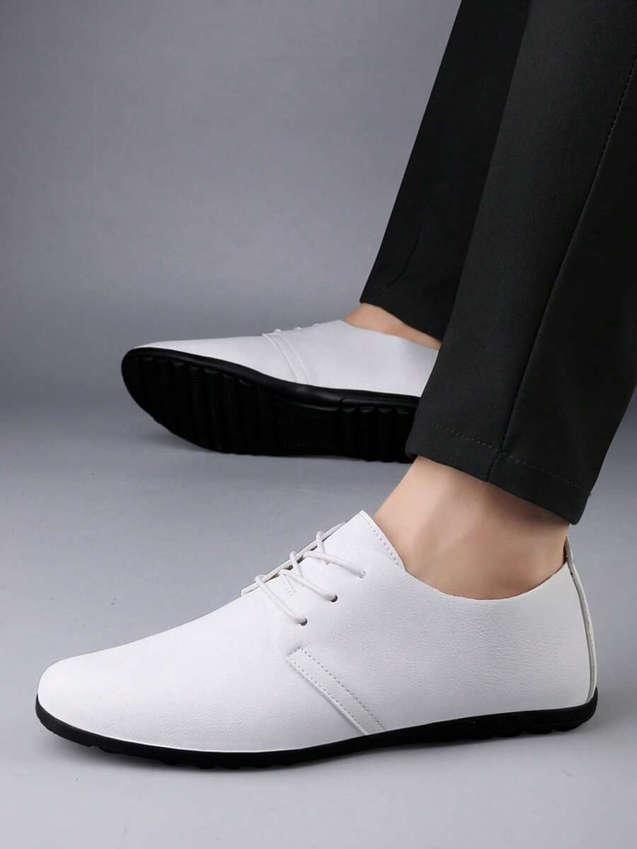 Men's White Lace-Up Wedding Shoes, Groom Shoes, Groomsmen Shoes, Soft & Lightweight Casual Loafers, Moccasins, Daily Simple & Comfortable Classic Leather Shoes, Versatile Business Office Leather Shoes, Durable Driving Shoes - White - View 1