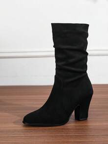 粗跟休闲靴圆头绒面革修身高筒靴女式，新款秋冬中筒马靴，带毛皮 - 黑色 - 查看 16