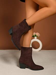 Women's Fashion Ankle Boots, Pointed Toe High Heel Booties, Khaki Western Style Boots, Vintage Chunky/Slim Heel Ankle Boots, Classic Short Boots, Black Ankle Boots, Mid-Calf Boots, High Heel Short Boots, Ladies Boots, Autumn/Winter - Brown - View 4